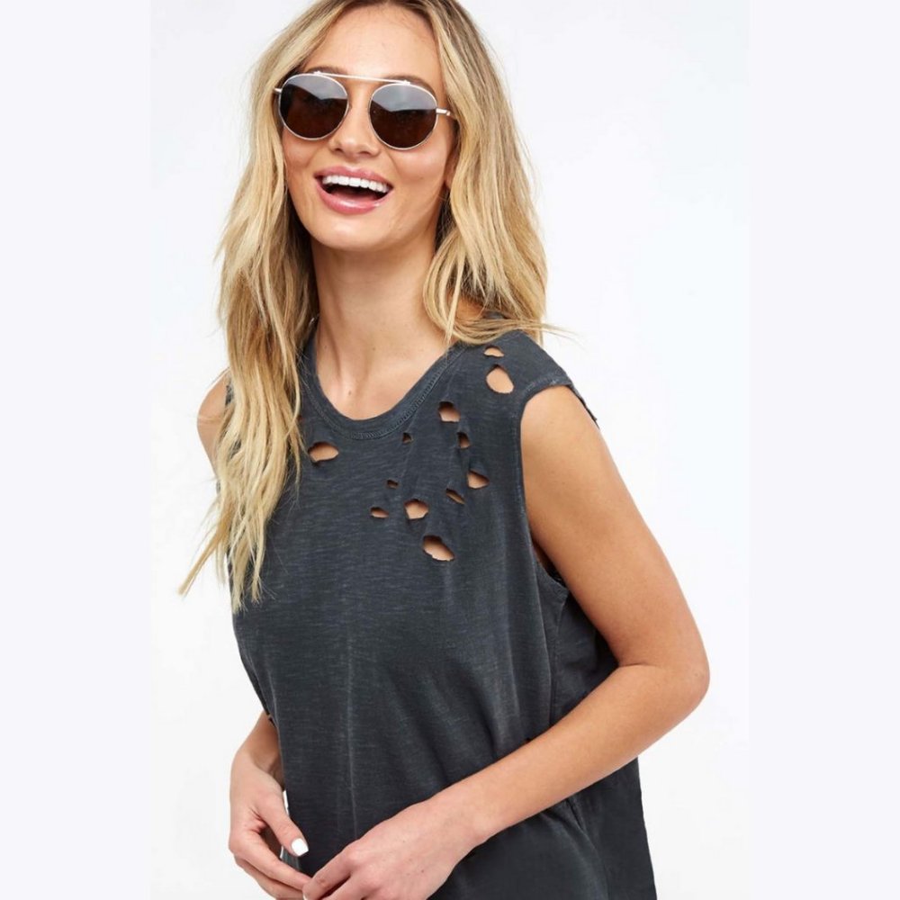 Distressed Laser Cut  Muscle Tank